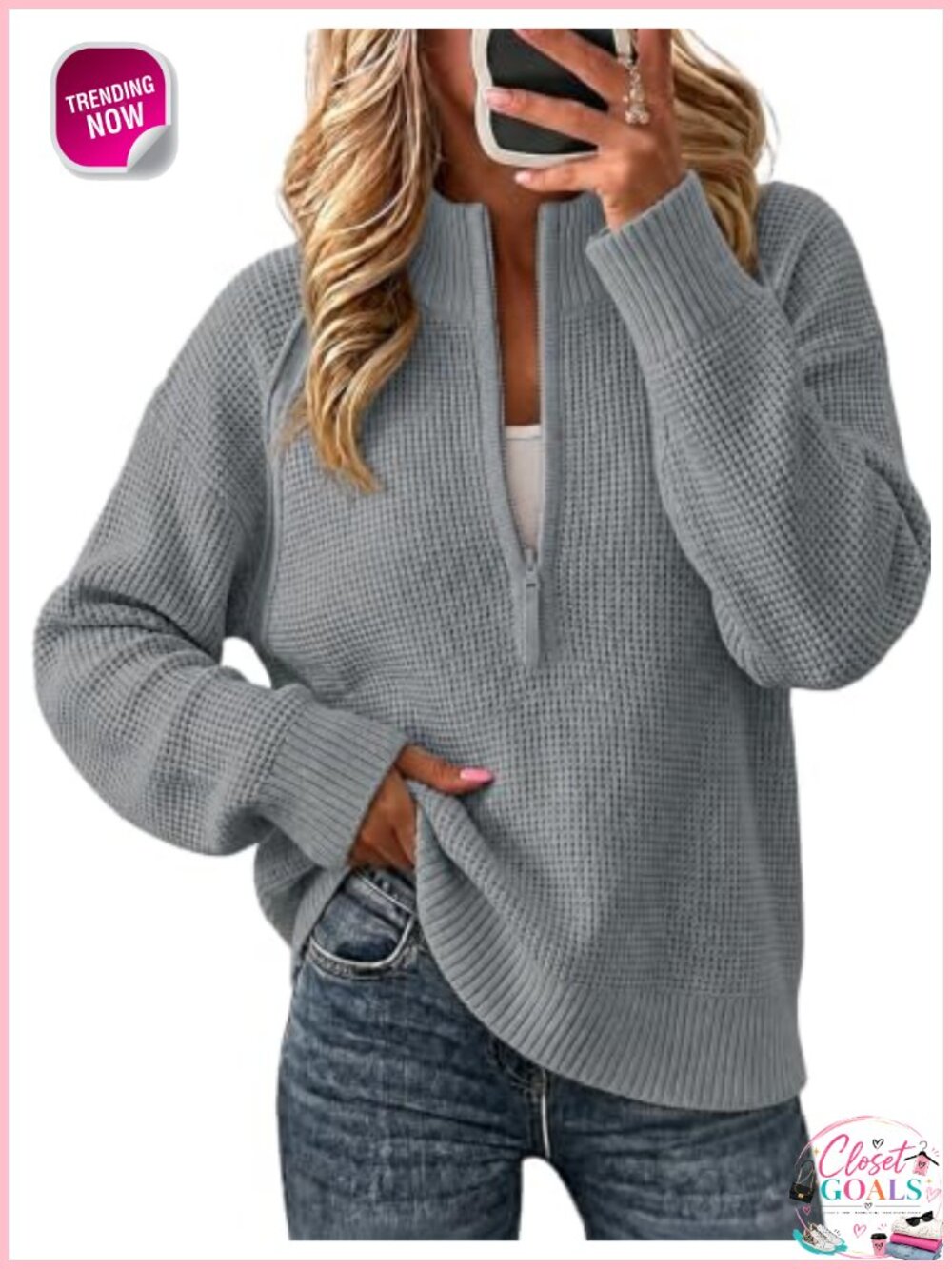 Women's Quarter Zip Pullover Sweater Waffle Knit Long Sleeve Acrylic
